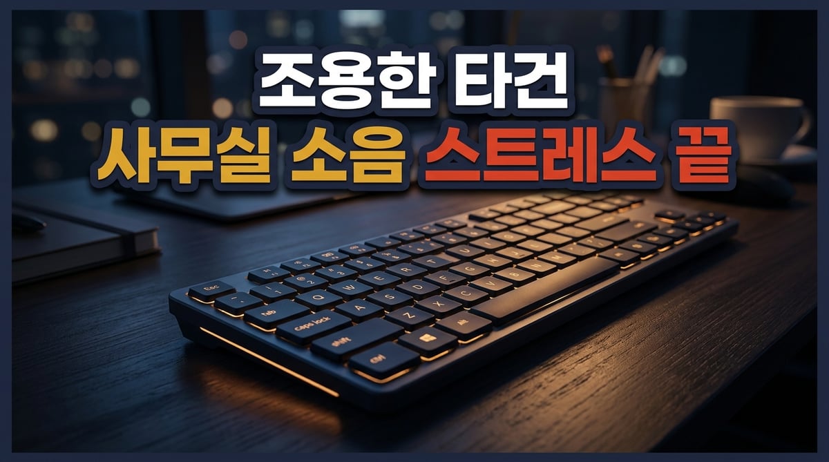 어두운 밤 조용한 책상 위에 놓인 깔끔한 디자인의 무소음 키보드입니다. 은은한 키보드 백라이트가 켜져 있으며, 차분하고 집중하기 좋은 업무 환경의 분위기를 연출합니다.