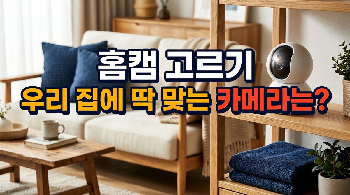 따뜻한 햇살이 들어오는 거실 선반 위에 작고 하얀 스마트 홈캠이 놓여 있는 모습입니다. 깔끔하고 아늑한 인테리어와 잘 어울리는 디자인을 보여줍니다.
