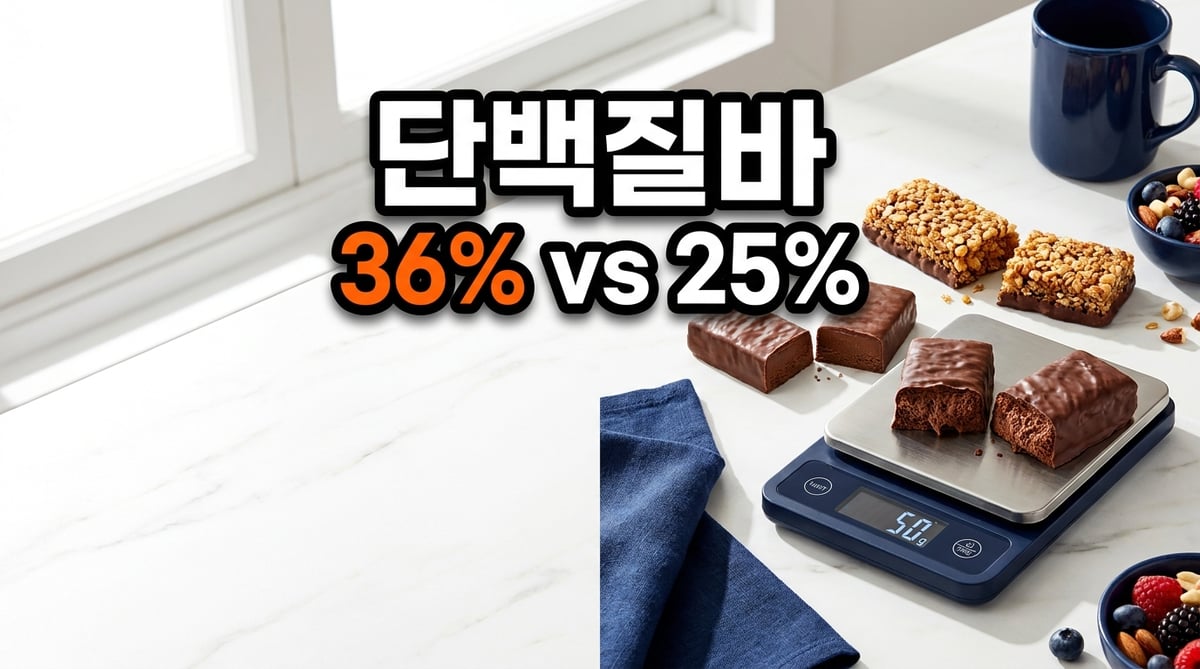 크기가 다른 단백질바 세 개를 반으로 쪼개 단면을 나란히 놓고 주방 저울과 함께 촬영한 사진
