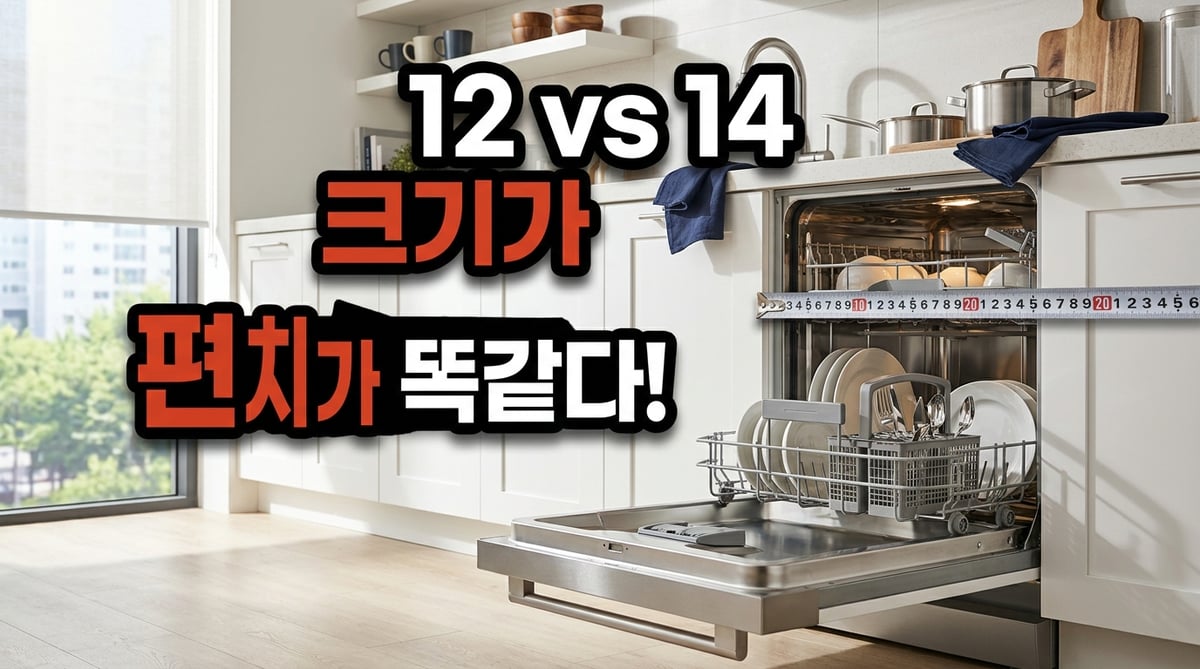 싱크대 하부장 폭을 줄자로 재는 모습과 열린 빌트인 식기세척기