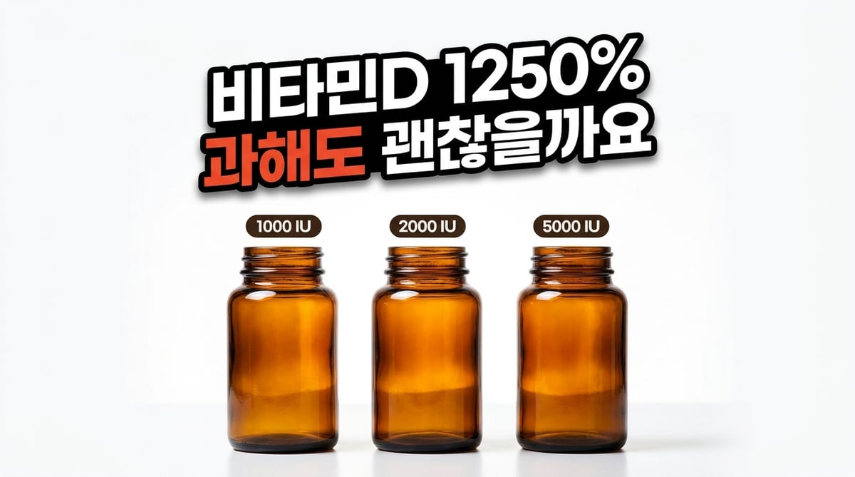 비타민D 1000·2000·5000 IU 세 병을 나란히 놓고 비교한 사진