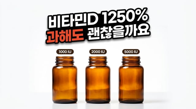 비타민D 1000·2000·5000 IU 세 병을 나란히 놓고 비교한 사진