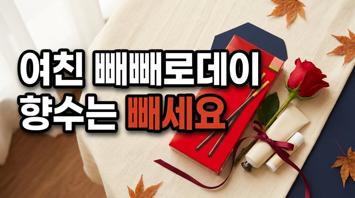 빼빼로 상자 옆에 장미 한 송이와 핸드크림, 립밤을 리본으로 묶은 여자친구 빼빼로데이 선물