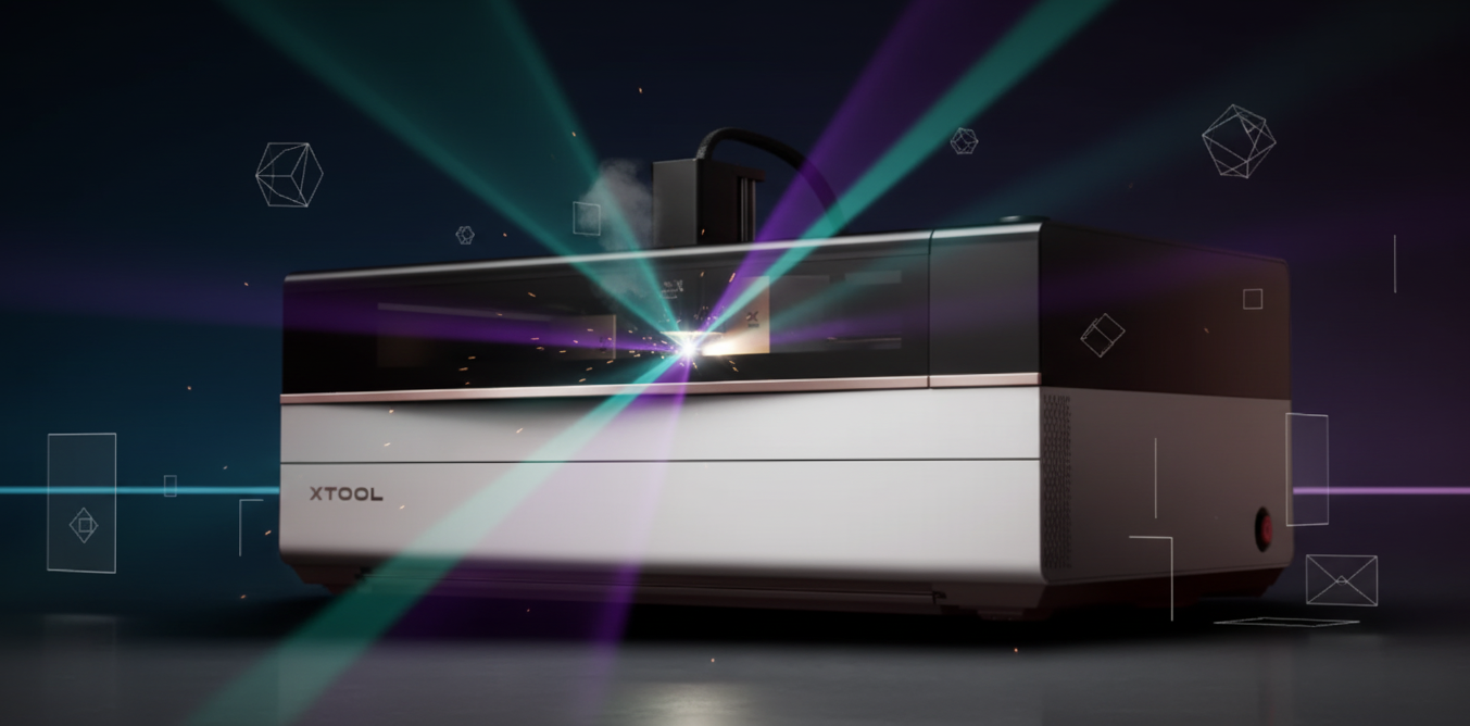A wide, cinematic shot of the xTool P3 laser cutter in a clean, modern workshop, with a complex, beautiful wood project on the cutting bed.