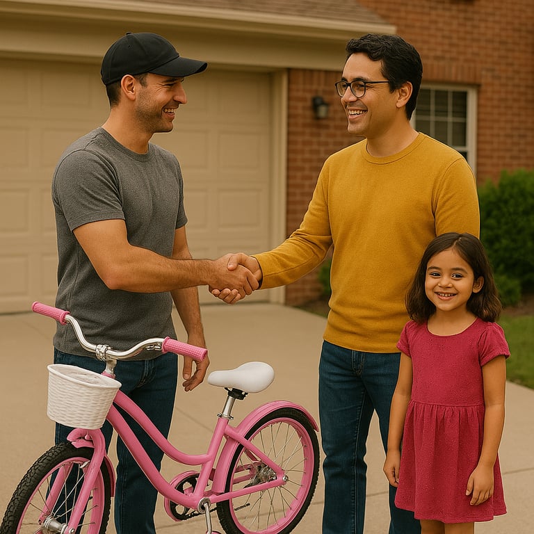 Man donating a pink child's bicycle to another smiling man with his daughter