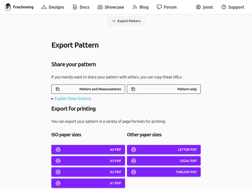 A screenshot of the FreeSewing Editor in export view, on a
|
||||
tablet