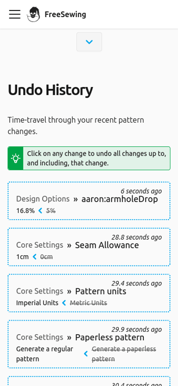 A screenshot of the FreeSewing Editor in undos view on
|
||||
mobile