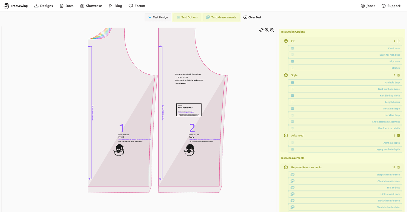 A screenshot of the FreeSewing Editor in test view, on a
|
||||
desktop