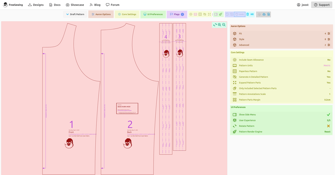 A screenshot of the FreeSewing Editor in draft view, on a desktop, with various areas
|
||||
highlighted