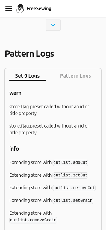 A screenshot of the FreeSewing Editor in logs view on
|
||||
mobile