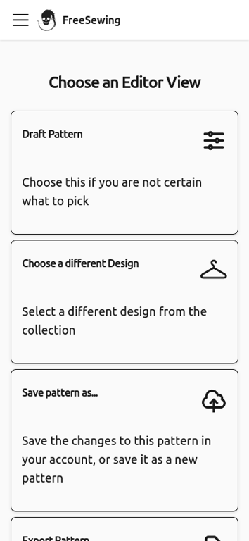 A screenshot of the FreeSewing Editor in picker view on
|
||||
mobile