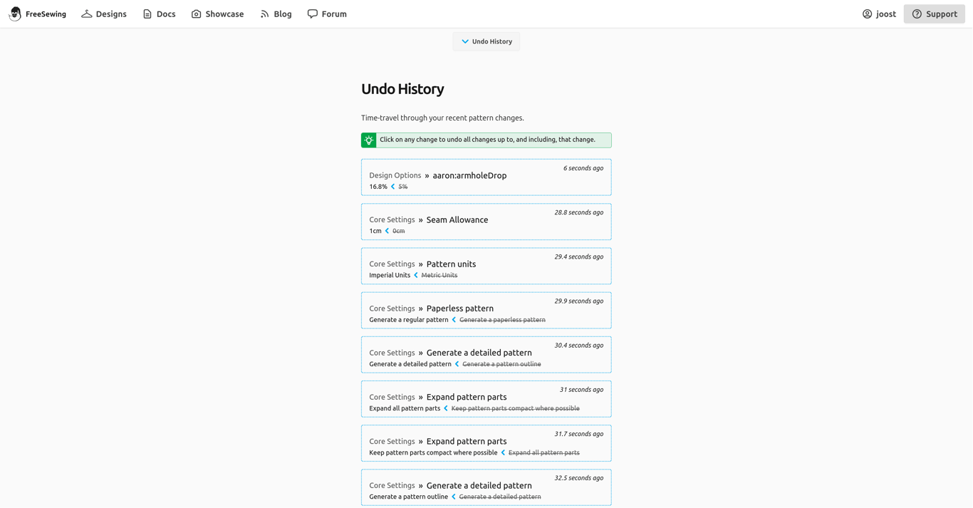 A screenshot of the FreeSewing Editor in undos view, on a
|
||||
desktop