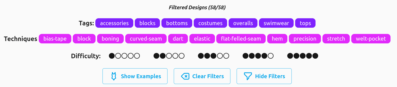 A screenshot of the Design filters in the FreeSewing
|
||||
Editor