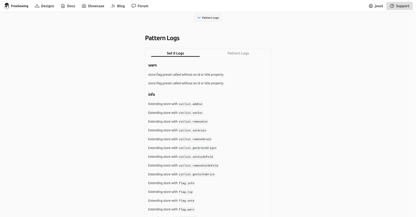 A screenshot of the FreeSewing Editor in logs view, on a
|
||||
desktop