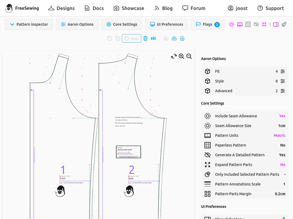 A screenshot of the FreeSewing Editor in inspect view, on a
|
||||
tablet
