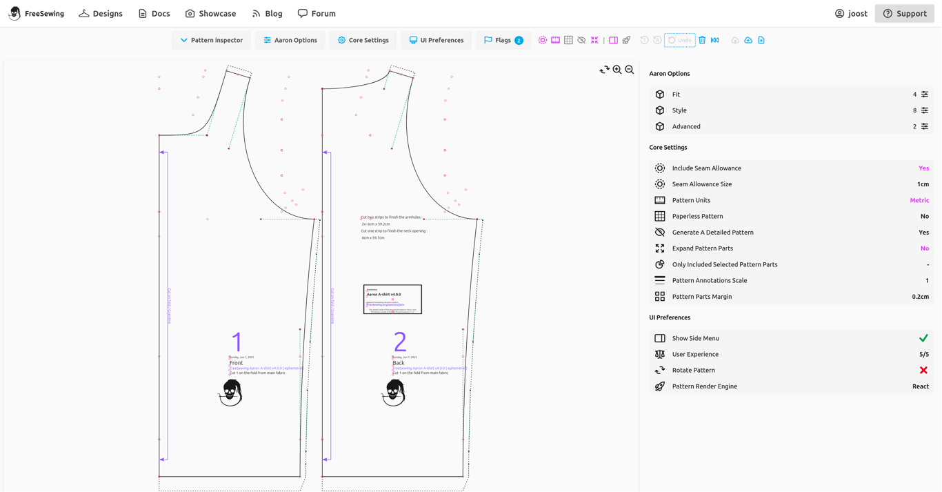 A screenshot of the FreeSewing Editor in inspect view, on a
|
||||
desktop