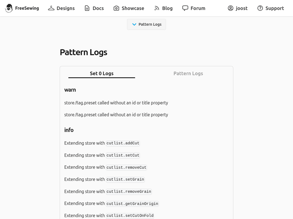 A screenshot of the FreeSewing Editor in logs view, on a
|
||||
tablet