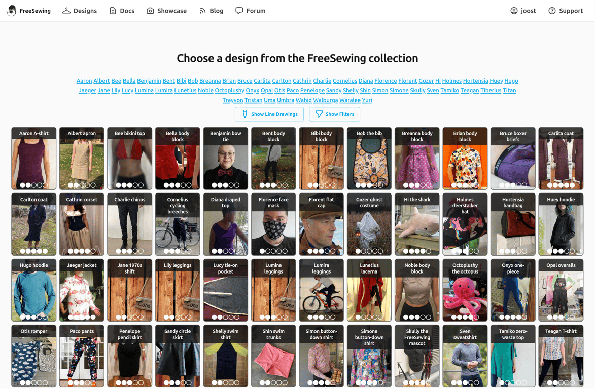 A screenshot of the FreeSewing Editor in designs view, on a
|
||||
desktop