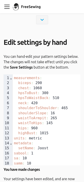 A screenshot of the FreeSewing Editor in docs view on
|
||||
mobile