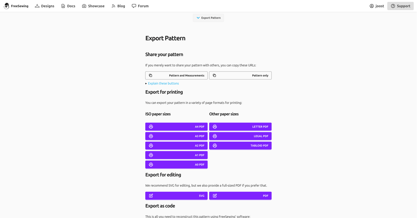 A screenshot of the FreeSewing Editor in export view, on a
|
||||
desktop
