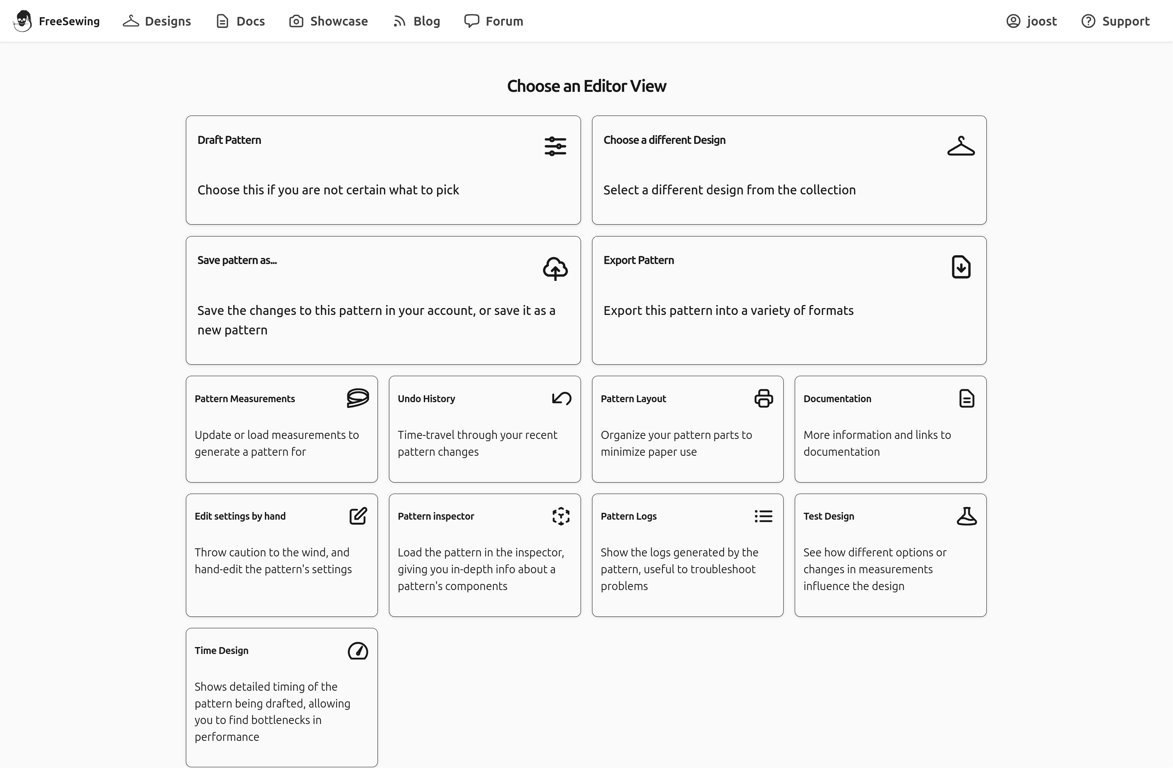 A screenshot of the FreeSewing Editor in picker view, on a
|
||||
desktop