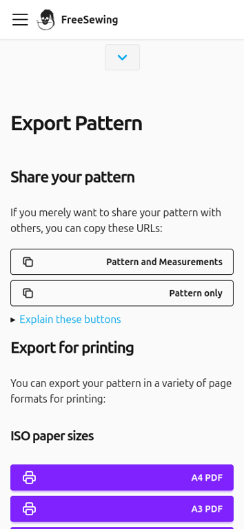 A screenshot of the FreeSewing Editor in export view on
|
||||
mobile