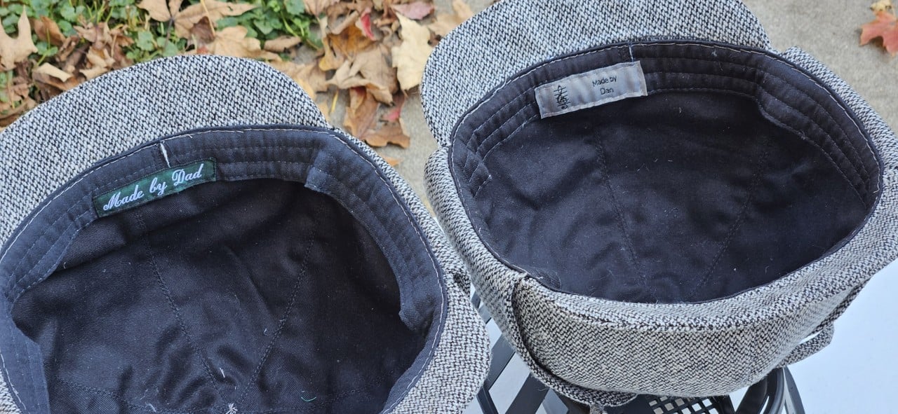 Inside of finished hats showing labels