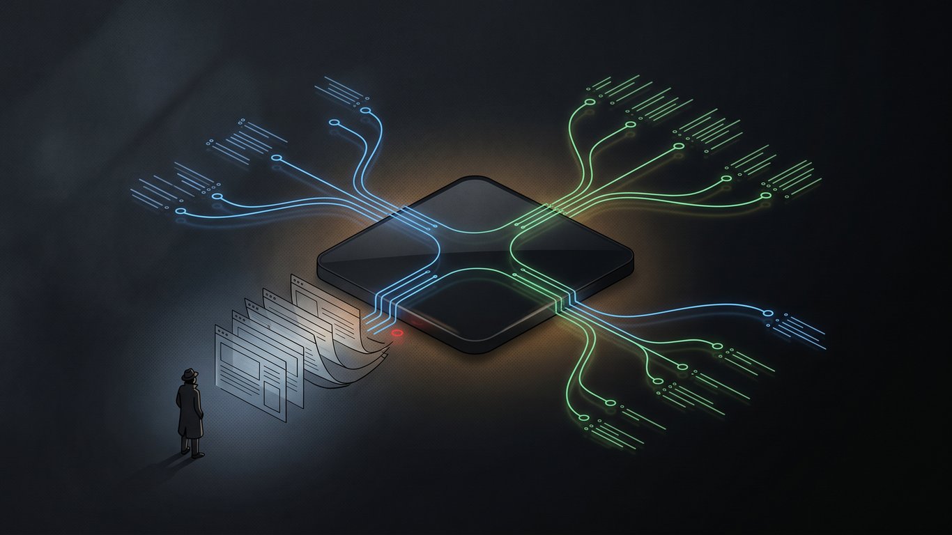 A dark minimalist editorial illustration of web pages being transformed into an agent-readable operating surface.