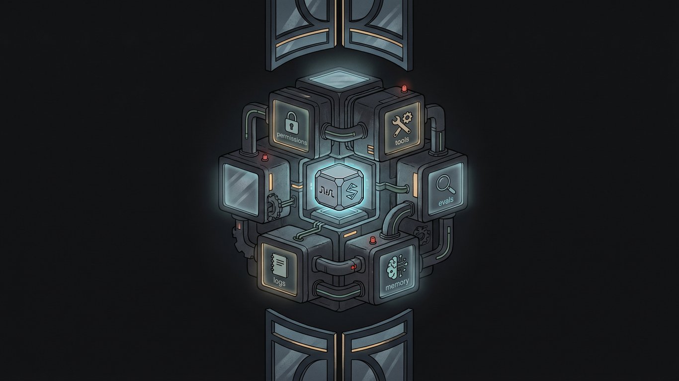 A dark editorial illustration of enterprise agent modules stacked into a governed operating surface.