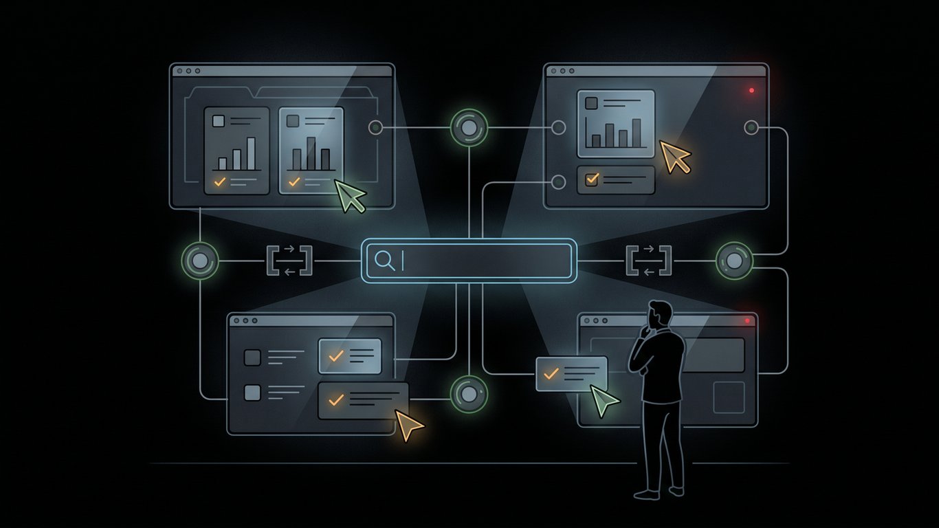 A dark editorial illustration of a search box expanding into a workspace with task cards and autonomous cursors.