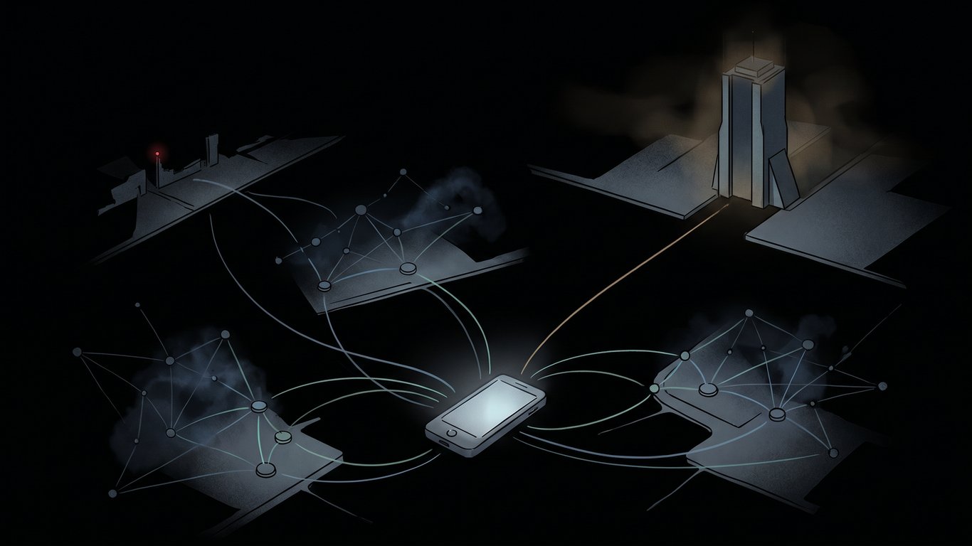 A dark editorial illustration of regional inference nodes connected by thin blue and green traces.