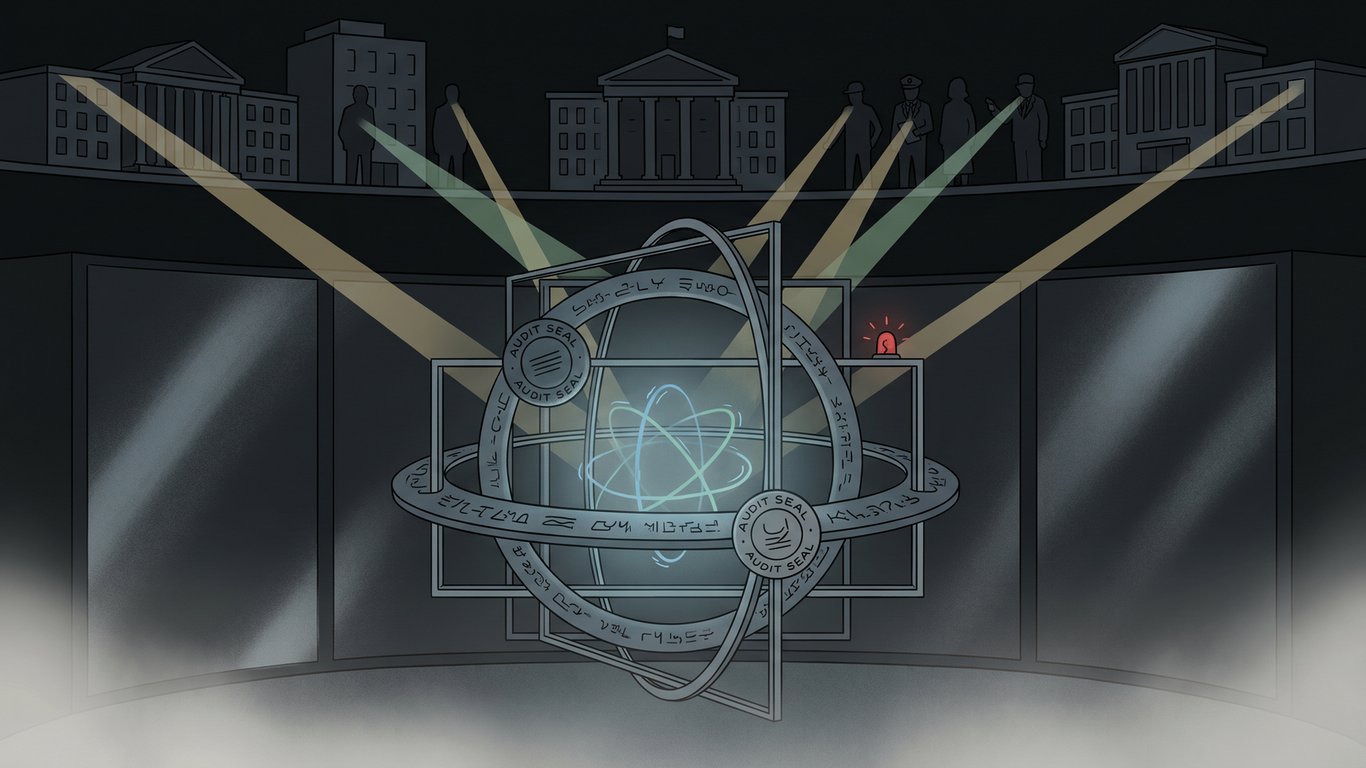 A dark editorial illustration of a legal frame scanning a glowing autonomous model core.