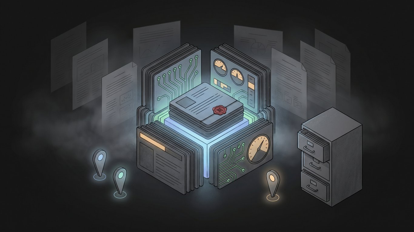 A dark minimalist editorial illustration of an investigative evidence workbench with benchmarks, archive drawers, source pins, and a glowing dataset core.