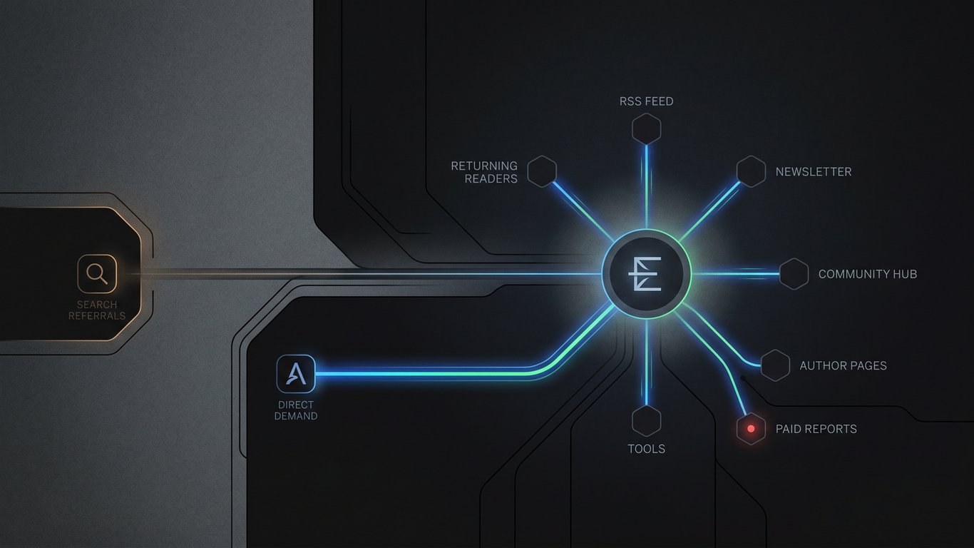 A dark minimalist editorial map of a media brand connected to returning readers, RSS, newsletter, community, tools, and paid reports.