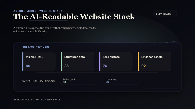 Article-specific ELPA chart showing the AI-readable website stack across visible HTML, structured data, feed surface, evidence assets, author graph, and update log.