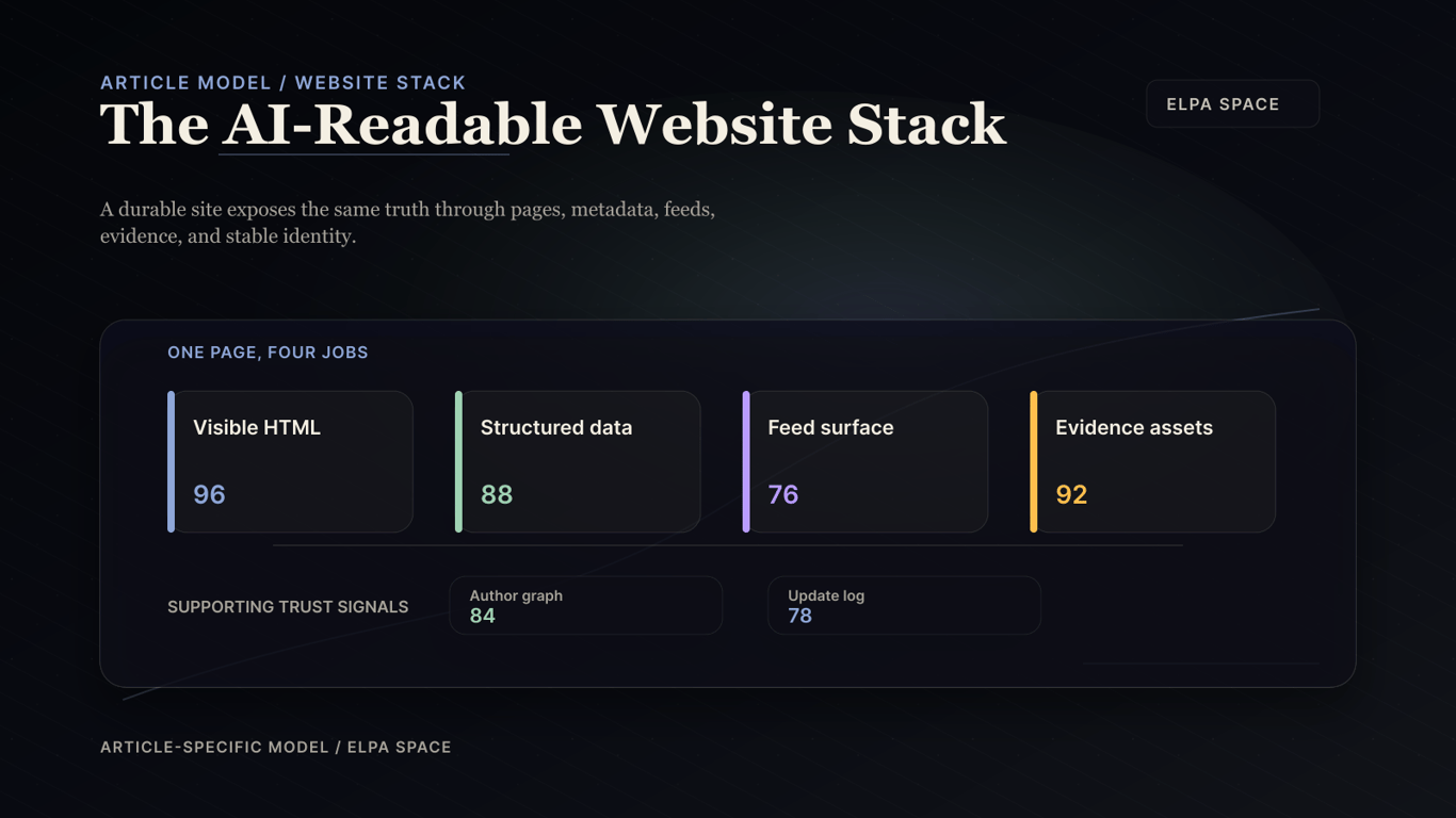 Article-specific ELPA chart showing the AI-readable website stack across visible HTML, structured data, feed surface, evidence assets, author graph, and update log.