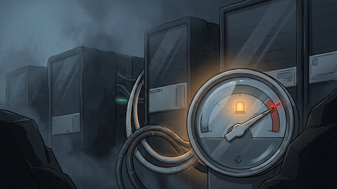 A dark editorial illustration of data-center blocks connected to a strained power grid under amber warning light.