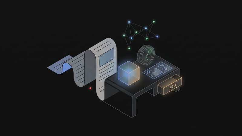 A dark editorial illustration of an article unfolding into tools, datasets, benchmarks, and reusable product surfaces.