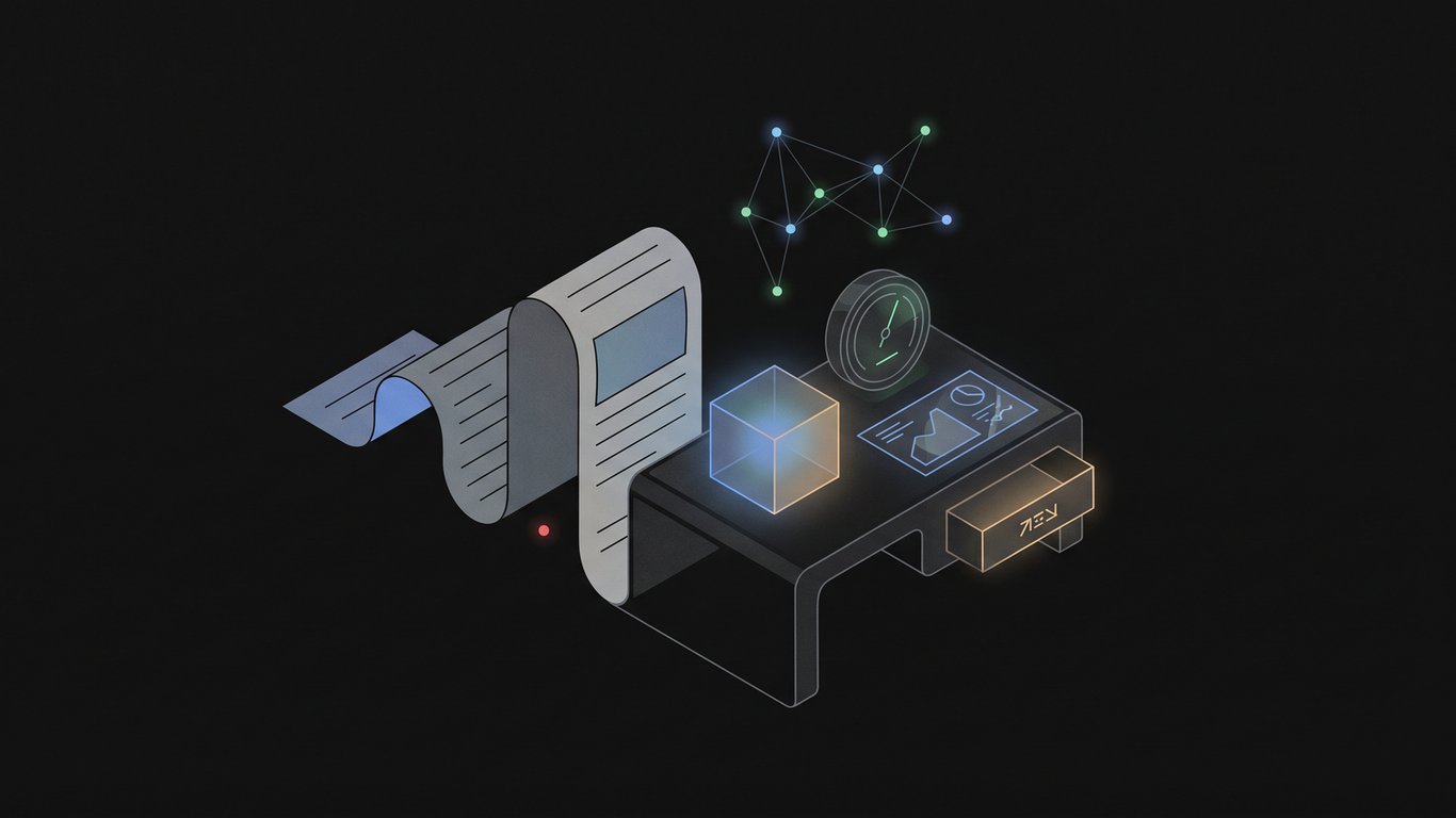 A dark editorial illustration of an article unfolding into tools, datasets, benchmarks, and reusable product surfaces.