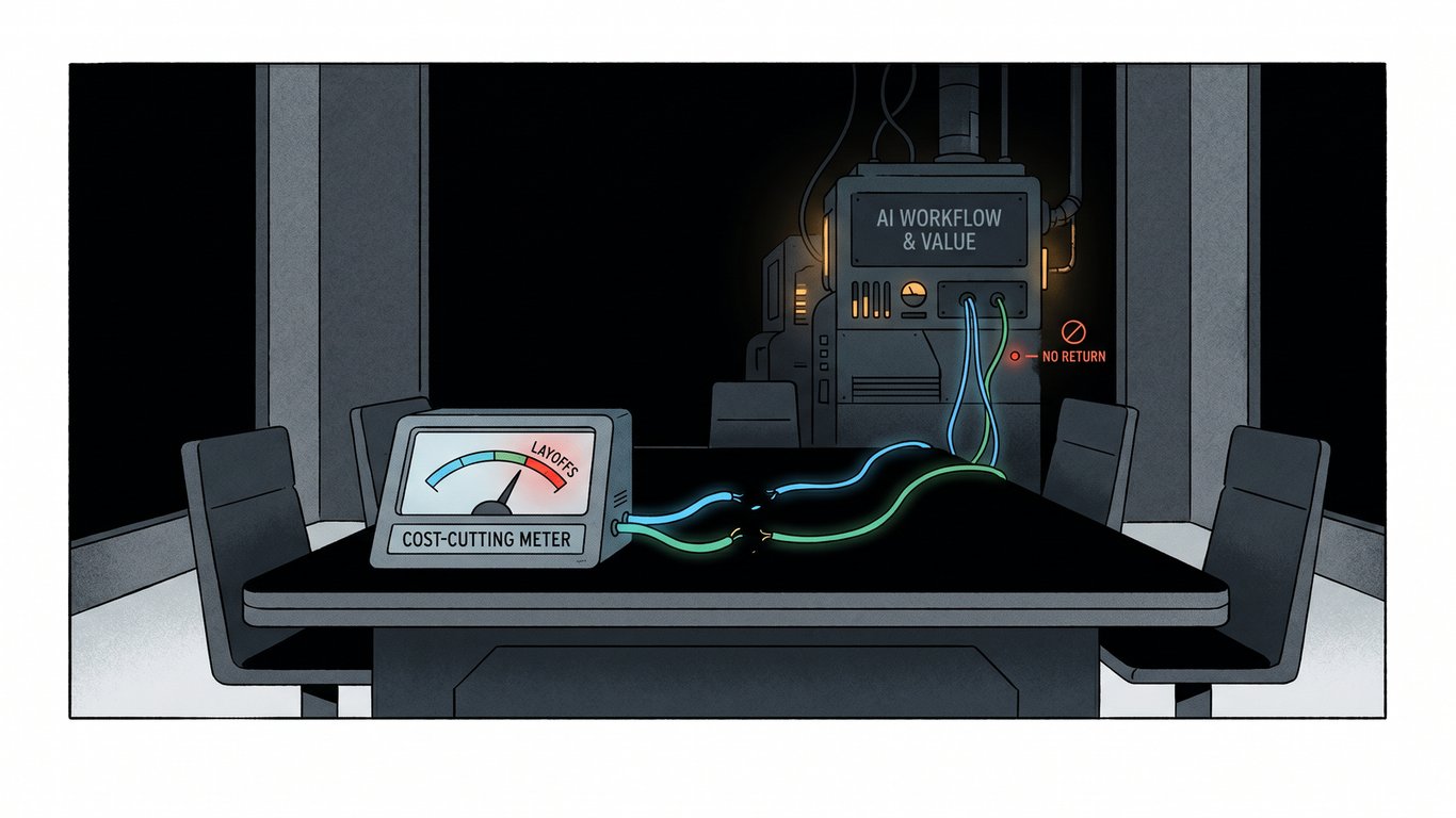 A dark editorial illustration of a boardroom meter showing cost cuts disconnected from return.