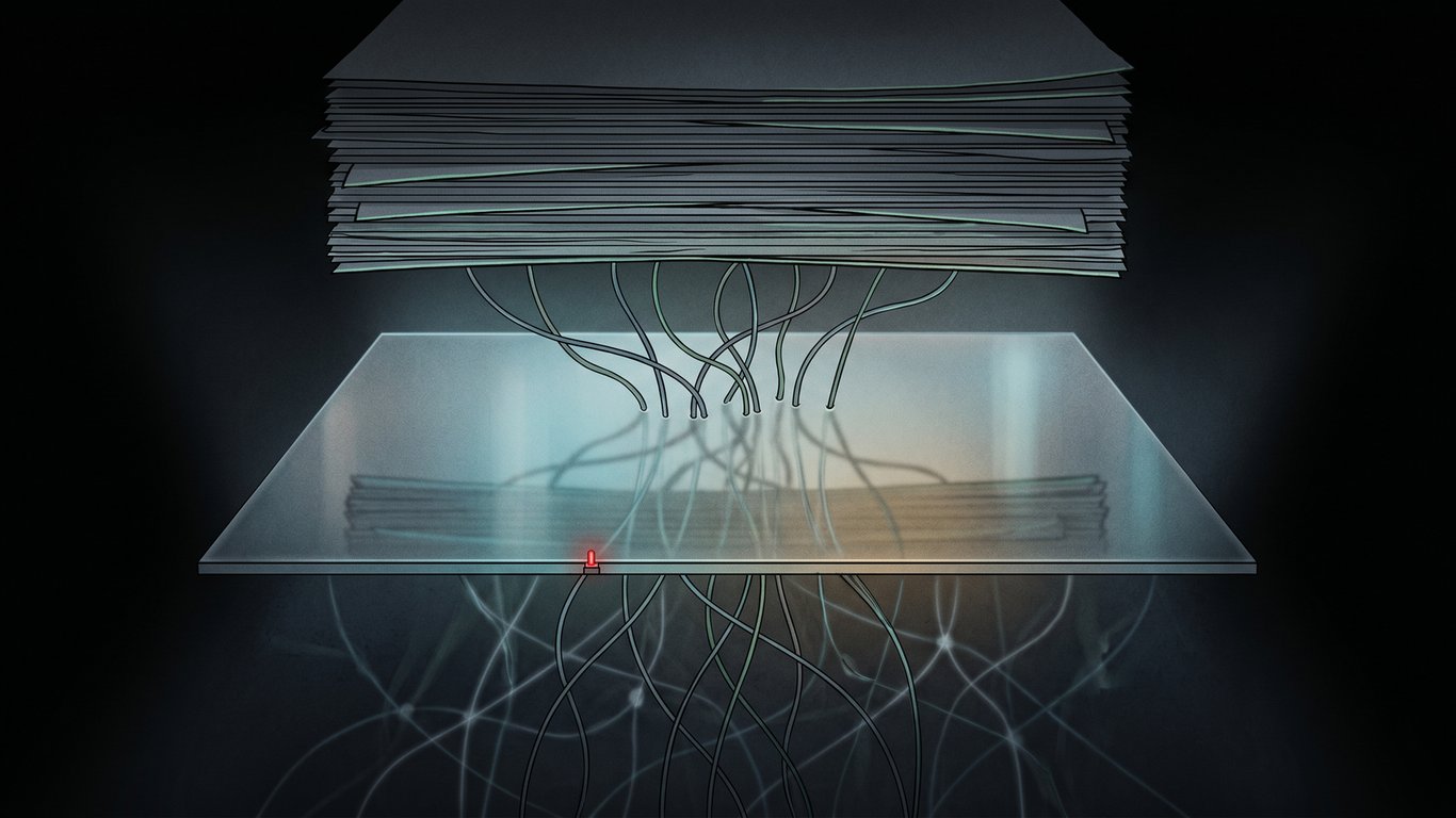 A dark editorial illustration of publisher pages being compressed under a glowing answer panel.