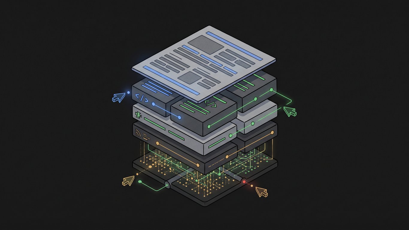 A dark minimalist editorial illustration of a website as layered human, semantic, feed, data, and evidence surfaces.