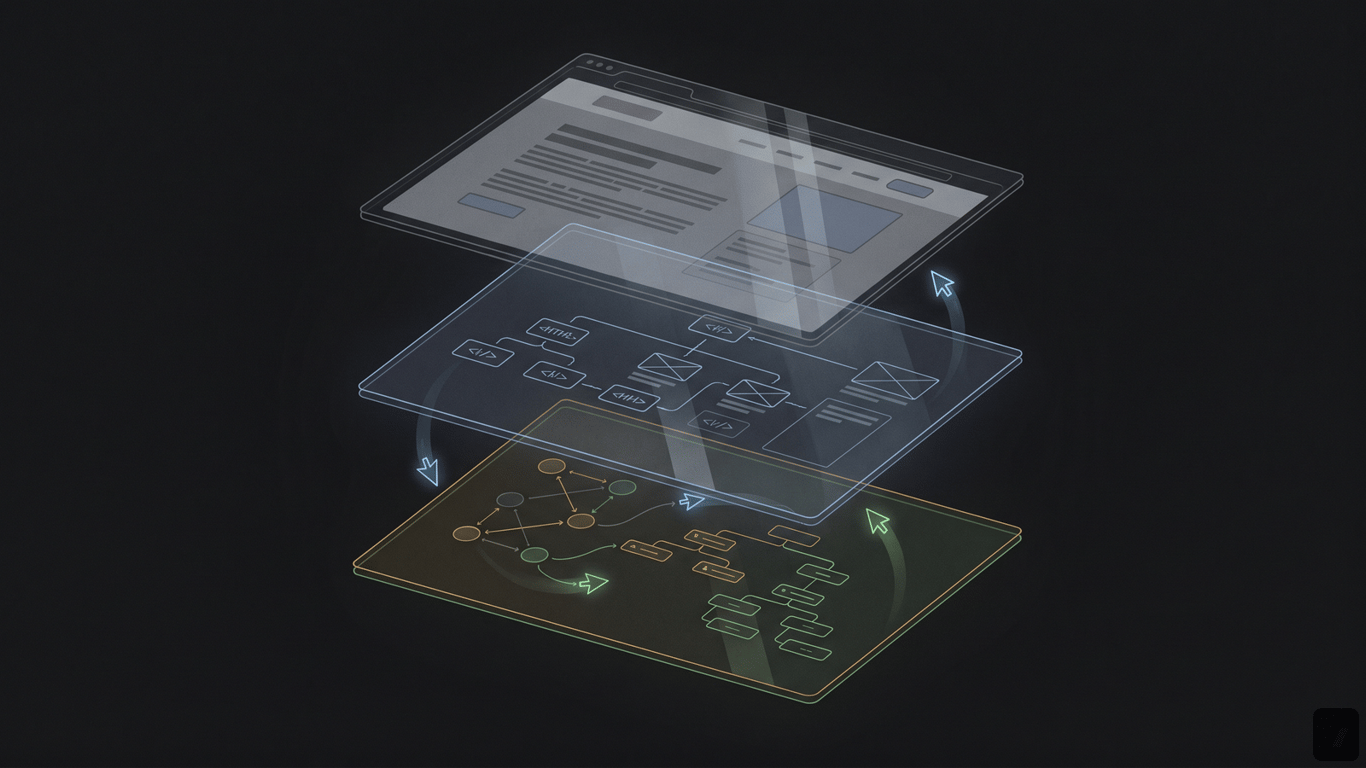 A dark editorial illustration of a website split into human page, semantic HTML, and accessibility-tree layers for AI agents.