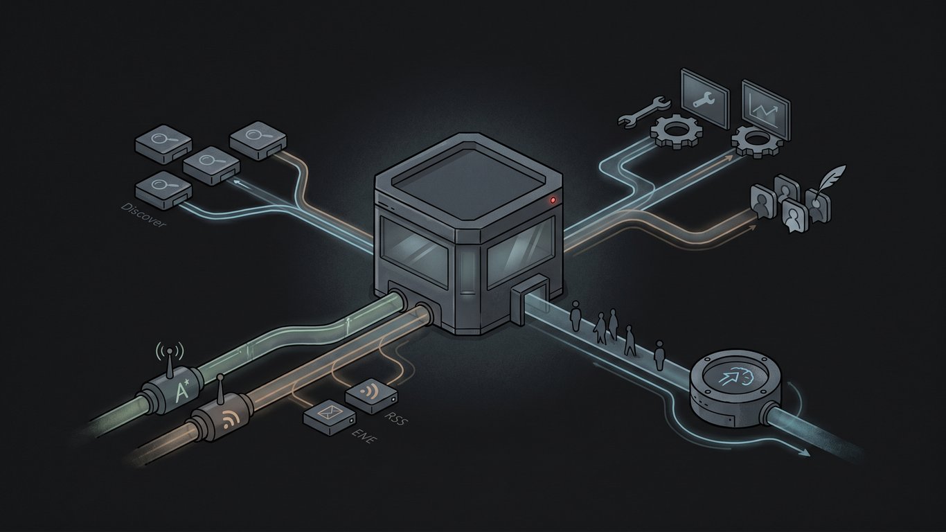 A dark editorial illustration of a media brand hub connected to Discover, RSS, newsletter, tools, and returning readers.