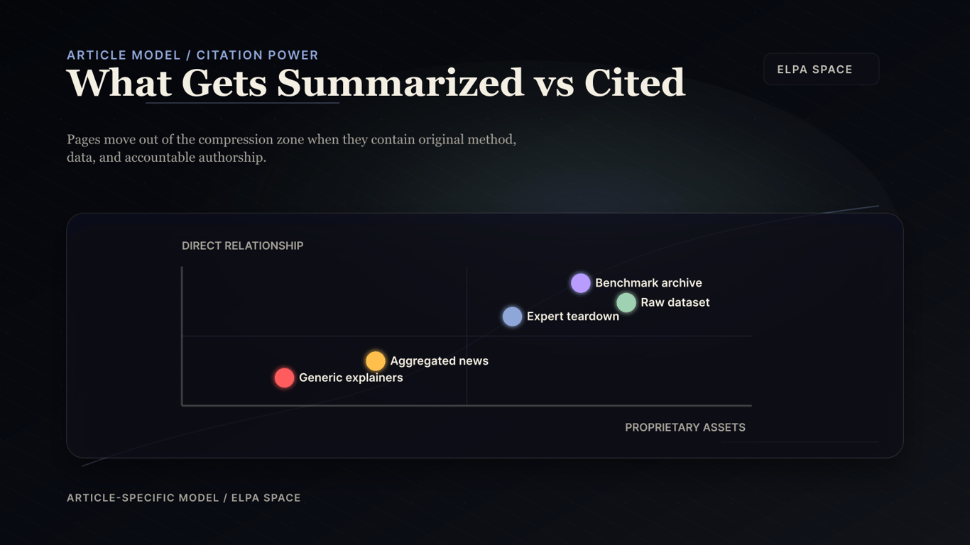 Article-specific ELPA map showing which content types are more likely to be summarized or cited based on direct relationship and proprietary assets.