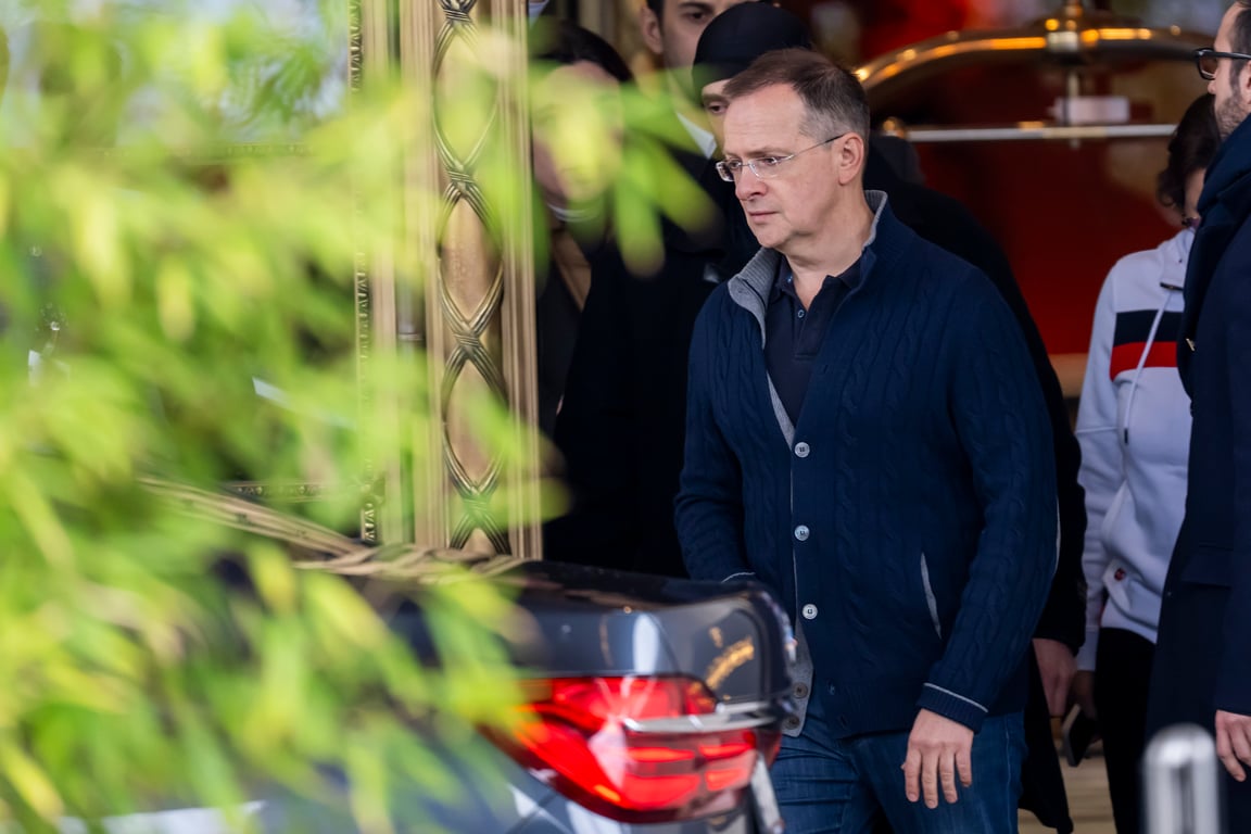 Vladimir Medinsky, Russia’s chief negotiator, leaves the Intercontinental Hotel in Geneva, Switzerland, 18 February 2026. Photo: EPA / Martial Trezzini