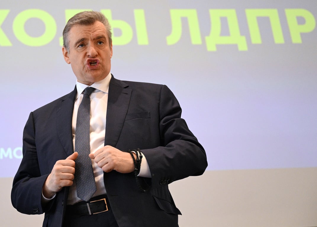 Леонид Слуцкий на церемонии закрытия онлайн-политической школы ЛДПР, Москва, 19 апреля 2024 года. Фото: Глеб Щелкунов / Коммерсантъ / Sipa USA / Vida Press