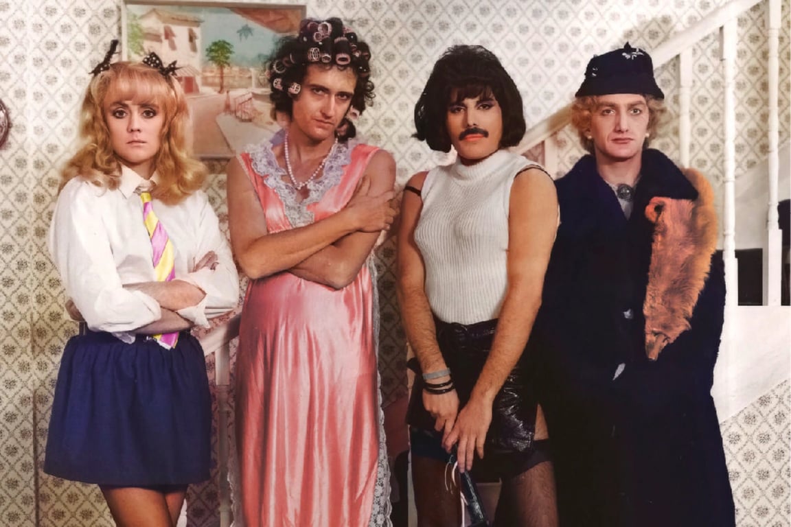 (L-R) Roger Taylor, Brian May, Freddie Mercury and John Deacon making the video for I Want to Break Free in 1984. Photo: EMI
