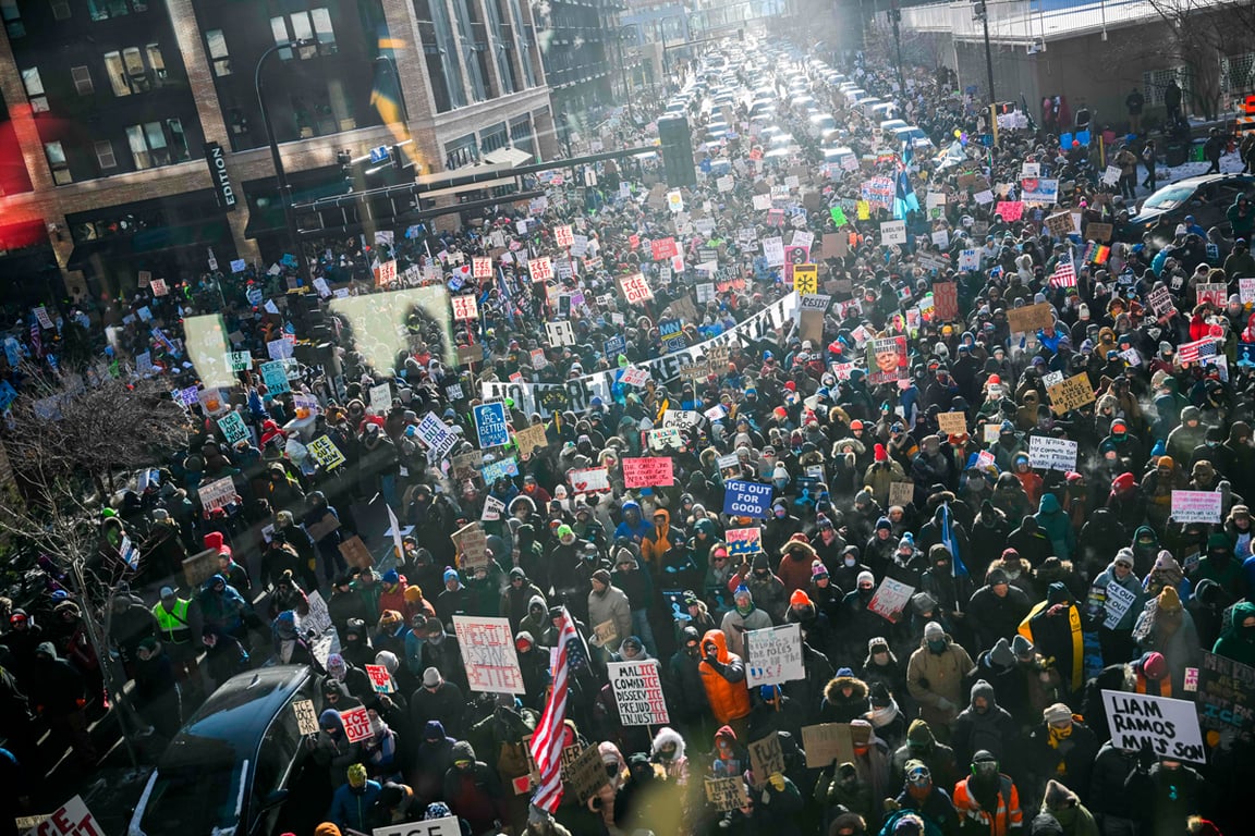 Марш против действий ICE, Миннеаполис, Миннесота, США, 23 января 2026 года. Фото: Brandon Bell / Getty Images North America / AFP / Scanpix / LETA