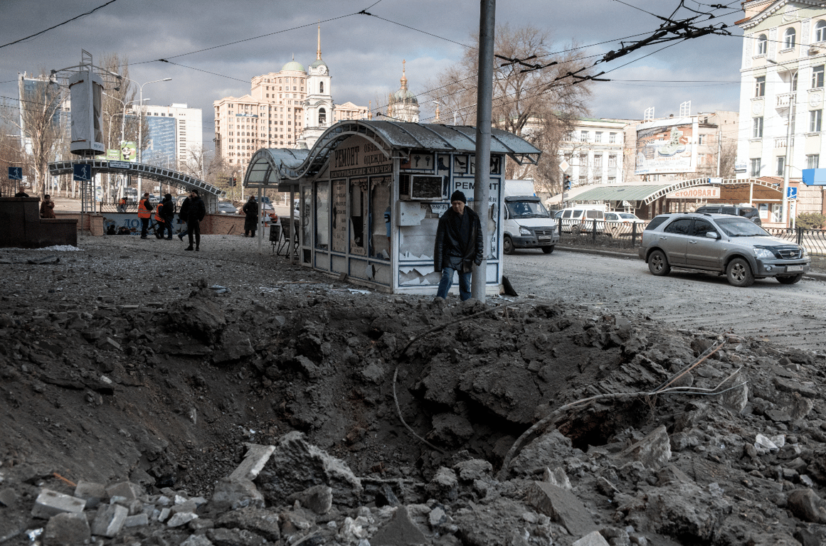 A shelling crater in central Donetsk, in Russian-occupied Ukraine, 20 February 2024. Photo: EPA / Valery Melnikov
